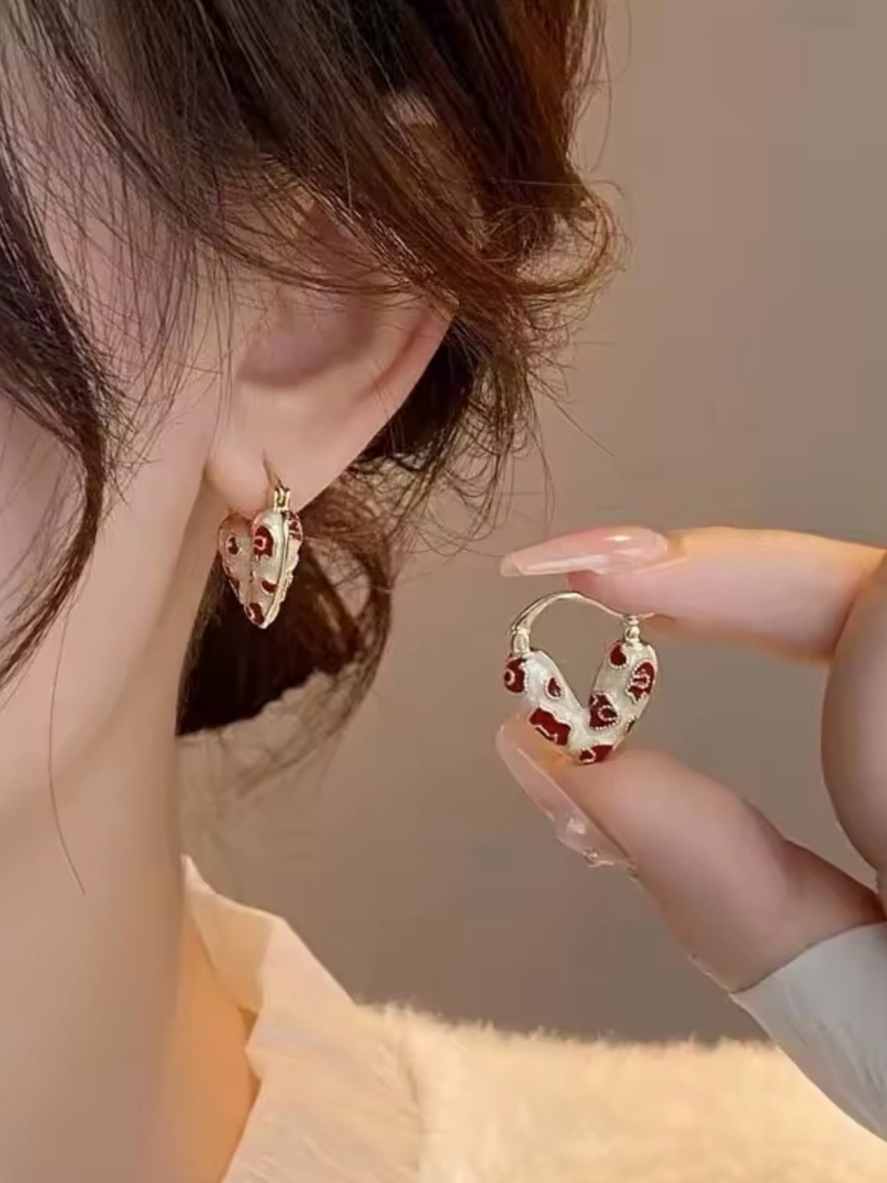 Gold Heart Hoop Earrings with Red and Pearl Enamel Accent - Picture 3 of 7